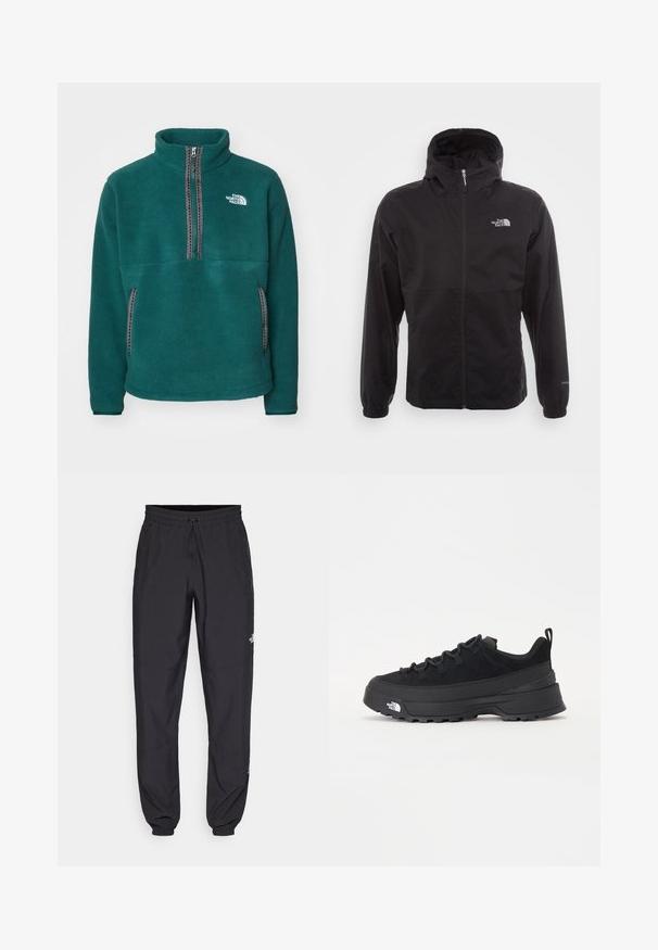 Μαύρο αδιάβροχο μπουφάν με πλήρες φερμουάρ, ρυθμιζόμενη κουκούλα, ελαστικές μανσέτες και λογότυπο στο στήθος; ελαφρύ, με λεία υφή.; Τεάλ φλις πουλόβερ με ψηλό γιακά, μισό φερμουάρ μπροστά, δύο πλαϊνές τσέπες και αντίθετη μαύρη ραφή. Λογότυπο στην αριστερή περιοχή του στήθους.; Μαύρη αθλητική παντελόνι κατασκευασμένο από ελαφρύ ύφασμα, με ζώνη που ρυθμίζεται με κορδόνι, πλευρικές τσέπες και στενές μανσέτες στους αστραγάλους.; Μαύρο εξωτερικό αθλητικό παπούτσι με σουέτ άνω μέρος, υφασμένο καουτσούκ σόλα και ανθεκτικό σύστημα δέσης. Διαθέτει ενισχυμένη φτέρνα και λογότυπο της μάρκας στο πλάι.