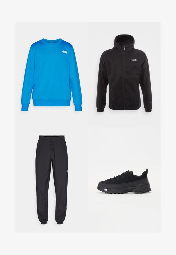 Fekete, vízálló dzseki teljes cipzárral, állítható kapucnival, rugalmas mandzsettákkal és mellkasi logóval; könnyű, sima textúrájú.; Világoskék pulóver, kerek nyakkal és hosszú ujjakkal. Bal mellen egy kis fehér logó található. Puha anyag, sima tapintású.; Fekete sportnadrág, könnyű anyagból készült, húzózsinóros derékkal, oldalsó zsebekkel és szűkített szárakkal a bokáknál.; Fekete kültéri sneaker velúr felsőrésszel, texturált gumitalppal és strapabíró fűzőrendszerrel. Megerősített sarkú és oldalán márkalogóval rendelkezik.