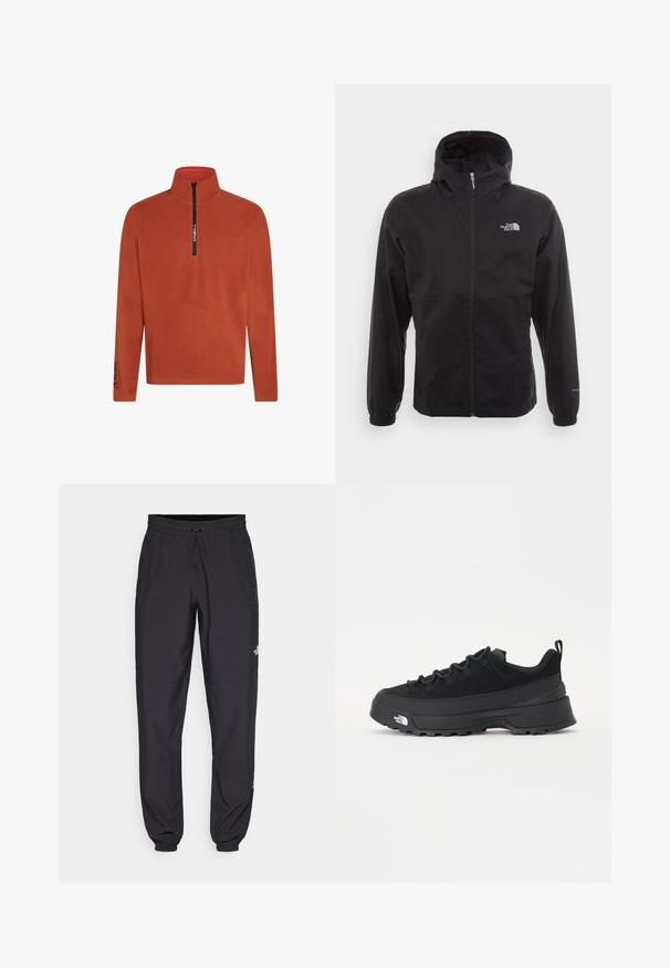 Black waterproof jacket with a full zip, adjustable hood, elastic cuffs, and a logo on the chest; lightweight, smooth texture.; Orange fleece pullover with a half-zip front. Features a high collar and logo detail on the sleeve. Soft, textured fabric. Long sleeves.; Black athletic pants made from lightweight fabric, featuring a drawstring waistband, side pockets, and tapered cuffs at the ankles.; Black outdoor sneaker with a suede upper, textured rubber sole, and sturdy lacing system. Features a reinforced heel and brand logo on the side.