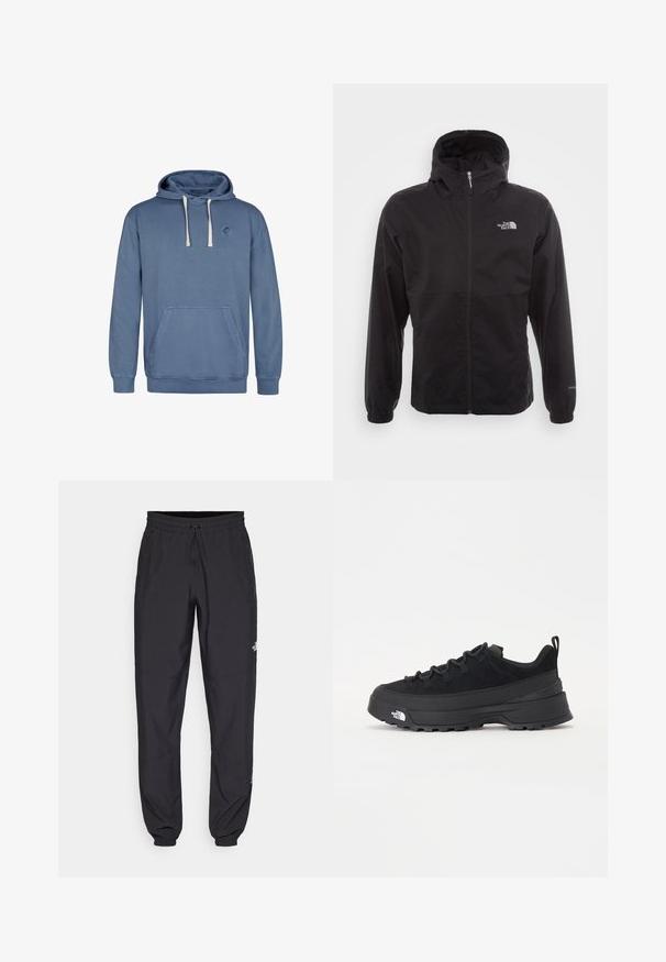 Črna vodotesna jakna s polnim zadrgo, nastavljivo kapuco, elastičnimi manšeti in logotipom na prsih; lahka, gladka tekstura.; Modra kapuca iz mehkega materiala, z sprednjim žepom, nastavljivim vrvico za kapuco in okrožnim logotipom na prsih.; Črne atletske hlače iz lahkega materiala, ki imajo elastični pas z vezalko, stranske žepe in zožene manšete na gležnjih.; Črne zunanje teniske s zgornjim delom iz usnja z nubukom, teksturiranim gumijastim podplatom in trdnim vezalnim sistemom. Imajo ojačan petni del in logotip blagovne znamke na strani.