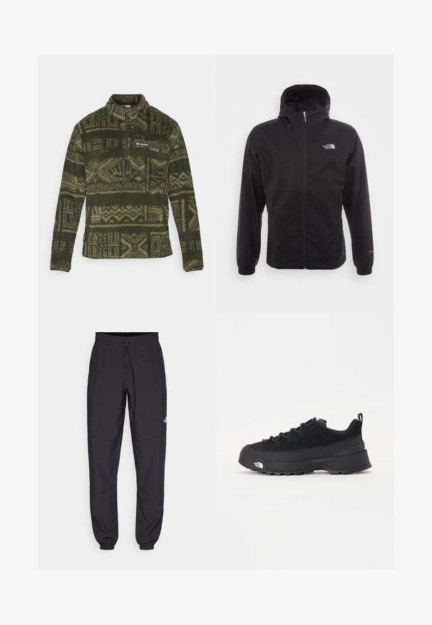 Casaco impermeável preto com fecho completo, capuz ajustável, punhos elásticos e um logótipo no peito; leve, com textura suave.; Pullover de fleecy verde-azeitona com padrão, com meia zip e um emblema da Columbia no bolso do peito.; Calças atléticas pretas feitas de tecido leve, com um cós ajustável por cordão, bolsos laterais e punhos afunilados nos tornozelos.; Sapatilha de exterior preta com parte superior em camurça, sola de borracha texturizada e sistema de atacadores robusto. Apresenta um calcanhar reforçado e o logótipo da marca na lateral.