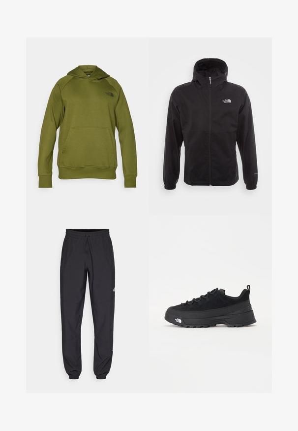 Casaco impermeável preto com fecho completo, capuz ajustável, punhos elásticos e um logótipo no peito; leve, com textura suave.; Sweatshirt verde-oliva com um bolso na frente, mangas raglan e um logotipo preto no peito. Feito de um tecido suave e texturizado.; Calças atléticas pretas feitas de tecido leve, com um cós ajustável por cordão, bolsos laterais e punhos afunilados nos tornozelos.; Sapatilha de exterior preta com parte superior em camurça, sola de borracha texturizada e sistema de atacadores robusto. Apresenta um calcanhar reforçado e o logótipo da marca na lateral.