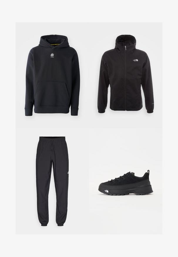 Giacca nera impermeabile con zip completa, cappuccio regolabile, polsini elasticizzati e logo sul petto; leggera, con texture liscia.; Felpa nera realizzata in tessuto misto cotone, con tasca a marsupio e logo ricamato sul petto. Design semplice e classico.; Pantaloni sportivi neri realizzati in tessuto leggero, con vita regolabile con cordino, tasche laterali e orli affusolati alle caviglie.; Sneaker da esterno nera con parte superiore in suede, suola in gomma testurizzata e robusto sistema di allacciatura. Presenta un tallone rinforzato e il logo del marchio sul lato.