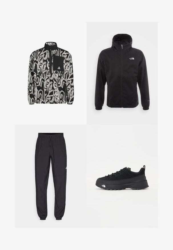 Melna ūdensnecaurlaidīga jaka ar pilnu rāvējslēdzēju, regulējamu kapuci, elastīgām piedurknēm un logo uz krūtīm; viegla, gluda tekstūra.; Melnas un baltas flīsa puloveris ar abstraktu rakstu, pus-izjaukšanas aizdare, un melna krūšu kabata ar logotipa uzšuvumu.; Melni sporta bikses, kas izgatavotas no viegla auduma, ar savelcamu jostu, sānu kabatām un sašaurinātiem apakšējiem galiem pie potītēm.; Melni āra sporta apavi ar zamšādas virsu, teksturētu gumijas zoli un izturīgu auklu sistēmu. Iezīmēts ar pastiprinātu papēdi un zīmola logo sānu daļā.