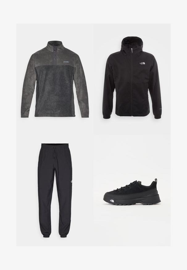 Chaqueta negra impermeable con cremallera completa, capucha ajustable, puños elásticos y un logo en el pecho; ligera, con textura suave.; Sudadera de polar gris con cuello alto, placket de cuatro botones y contraste de tela en los hombros. Presenta un logo de Columbia en el pecho.; Pantalones deportivos negros hechos de un tejido ligero, con una cinturilla ajustable, bolsillos laterales y puños ajustados en los tobillos.; Zapatilla negra de exterior con parte superior de ante, suela de goma texturizada y un sólido sistema de cordones. Cuenta con un talón reforzado y el logotipo de la marca en el lateral.