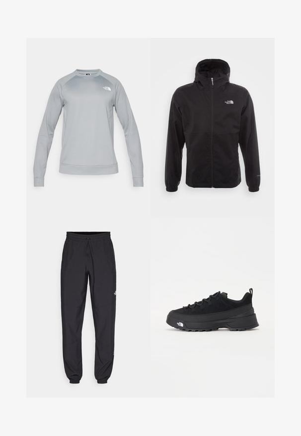 Juodas vandeniui atsparus švarkas su pilnu užtrauktuku, reguliuojama kapuce, elastingais rankogaliais ir logotipu ant krūtinės; lengvas, lygaus paviršiaus.; Šviesiai pilka džemperis su ilgomis rankovėmis ir apvaliu iškirpimu. Turėtų nertą apatinį kraštą ir rankovių kraštus. Ant krūtinės yra "The North Face" logotipas.; Juodos sportinės kelnės, pagamintos iš lengvos medžiagos, su raišteliu liemens srityje, šoniniais kišenėmis ir siaurėjantys apykaklės prie kulkšnies.; Juodas lauko sportinis batelis su zomšiniu viršumi, tekstūruota guma padais ir tvirtas raištelių sistema. Yra sustiprinta kulno dalis ir prekės ženklo logotipas šone.