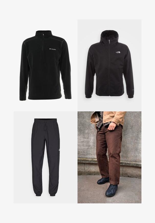 Giacca nera impermeabile con zip completa, cappuccio regolabile, polsini elasticizzati e logo sul petto; leggera, con texture liscia.; Pullover in pile nero con colletto alto e zip a quarti. Presenta un logo sul lato sinistro del petto e dettagli di cucitura a contrasto.; Pantaloni sportivi neri realizzati in tessuto leggero, con vita regolabile con cordino, tasche laterali e orli affusolati alle caviglie.; Pantaloni di cotone marroni con gamba dritta, abbinati a scarpe sportive nere. Il look presenta una camicia a fantasia testurizzata sotto una giacca color sabbia.