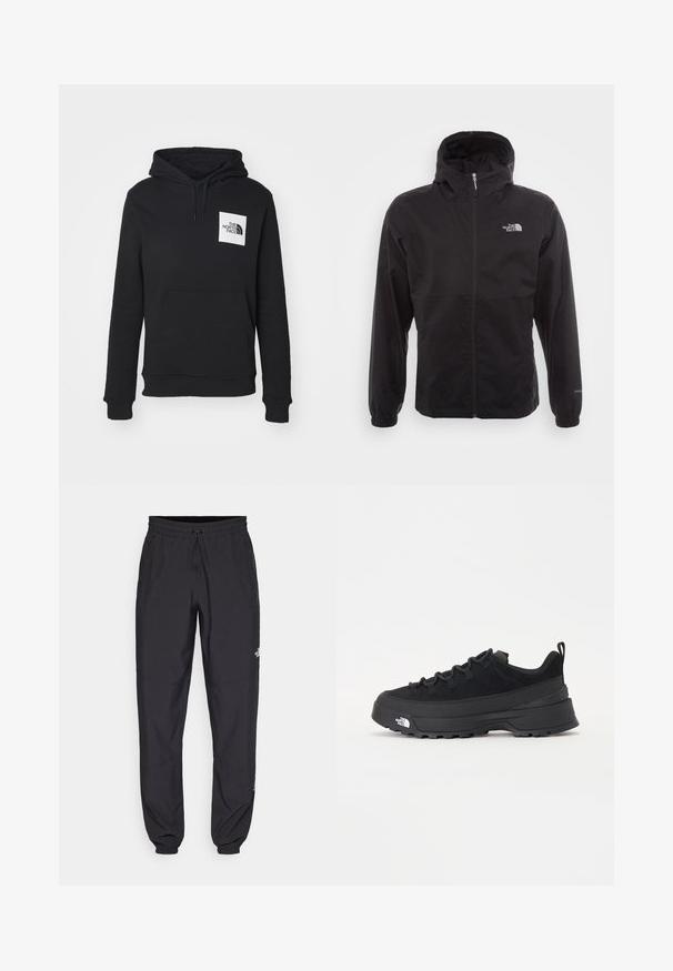 Giacca nera impermeabile con zip completa, cappuccio regolabile, polsini elasticizzati e logo sul petto; leggera, con texture liscia.; Felpa nera con cappuccio realizzata in tessuto morbido con tasca frontale. Presenta un logo quadrato bianco sul lato sinistro del petto.; Pantaloni sportivi neri realizzati in tessuto leggero, con vita regolabile con cordino, tasche laterali e orli affusolati alle caviglie.; Sneaker da esterno nera con parte superiore in suede, suola in gomma testurizzata e robusto sistema di allacciatura. Presenta un tallone rinforzato e il logo del marchio sul lato.