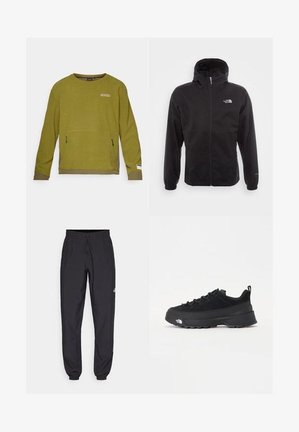 Sort vandtæt jakke med fuld lynlås, justerbar hætte, elastiske manchetter og et logo på brystet; letvægts, glat tekstur.; Oliven grøn langærmet sweatshirts med tekstureret stof, featuring en frontlomme, logo patch ovenfor og kontrastfarvet nederste kant.; Sorte atletiske bukser lavet af letvægtsstof, med en snor i taljen, sidelommer og tapered manchetter ved anklerne.; Sort udendørs sneakers med overdel i ruskind, tekstureret gummisål og robust snøringssystem. Har en forstærket hæl og logo fra mærket på siden.