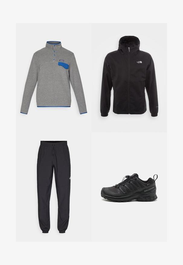 Chaqueta negra impermeable con cremallera completa, capucha ajustable, puños elásticos y un logo en el pecho; ligera, con textura suave.; Sudadera de forro polar gris con botones a presión azules, cuello con ribete azul, solapa de bolsillo en el pecho y logo de Patagonia encima del bolsillo.; Pantalones deportivos negros hechos de un tejido ligero, con una cinturilla ajustable, bolsillos laterales y puños ajustados en los tobillos.; Zapatilla deportiva negra con parte superior sintética texturizada, suela acolchada y sistema de lazado rápido. Cuenta con puntera y talón reforzados.