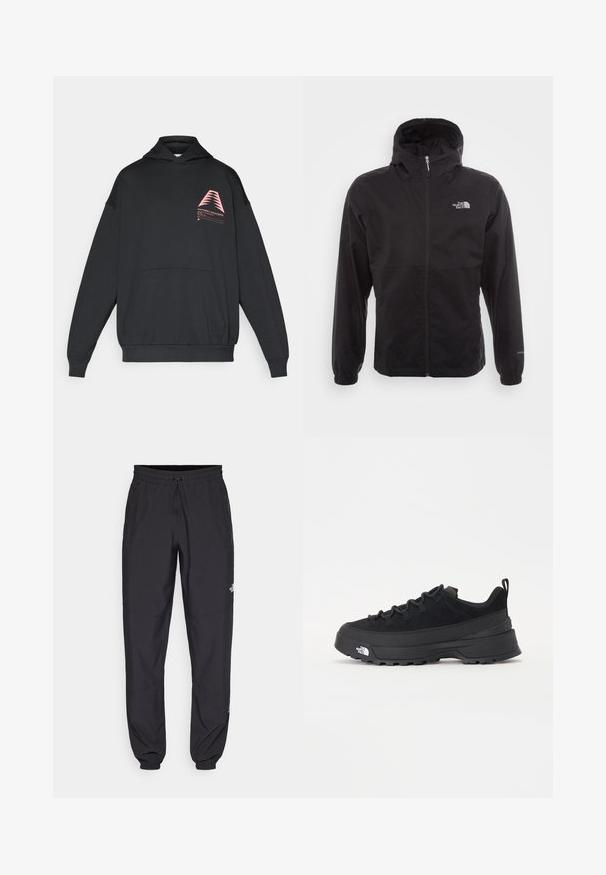 Fekete, vízálló dzseki teljes cipzárral, állítható kapucnival, rugalmas mandzsettákkal és mellkasi logóval; könnyű, sima textúrájú.; Fekete kapucnis pulcsi, puha anyagból készült. Elülső részén rózsaszín geometrikus grafika található, valamint elülső kenguruzseb.; Fekete sportnadrág, könnyű anyagból készült, húzózsinóros derékkal, oldalsó zsebekkel és szűkített szárakkal a bokáknál.; Fekete kültéri sneaker velúr felsőrésszel, texturált gumitalppal és strapabíró fűzőrendszerrel. Megerősített sarkú és oldalán márkalogóval rendelkezik.