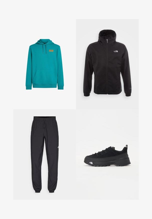 Sort vandtæt jakke med fuld lynlås, justerbar hætte, elastiske manchetter og et logo på brystet; letvægts, glat tekstur.; Turkis hættejakke med en frontlomme, snor til hætten og et lille orange mærke på brystet. Blødt stof og ribbede manchetter.; Sorte atletiske bukser lavet af letvægtsstof, med en snor i taljen, sidelommer og tapered manchetter ved anklerne.; Sort udendørs sneakers med overdel i ruskind, tekstureret gummisål og robust snøringssystem. Har en forstærket hæl og logo fra mærket på siden.
