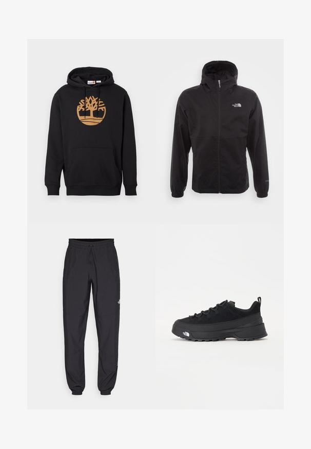 Chaqueta negra impermeable con cremallera completa, capucha ajustable, puños elásticos y un logo en el pecho; ligera, con textura suave.; Sudadera negra de algodón, con un gran logo de árbol marrón en la parte delantera, un bolsillo frontal y capucha con cordón. Textura suave.; Pantalones deportivos negros hechos de un tejido ligero, con una cinturilla ajustable, bolsillos laterales y puños ajustados en los tobillos.; Zapatilla negra de exterior con parte superior de ante, suela de goma texturizada y un sólido sistema de cordones. Cuenta con un talón reforzado y el logotipo de la marca en el lateral.