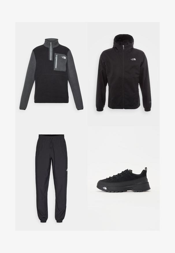 Crna vodootporna jakna s punim patentnim zatvaračem, podesivim kapuljačom, elastičnim manžetama i logom na prsima; lagana, glatke teksture.; Pulover od flisa u crnoj i sivoj boji, s dizajnom na četvrt-zip, visokim ovratnikom, džepom na prsima s patentnim zatvaračem, mekanom teksturom i logotipom na džepu.; Crne sportske hlače od lagane tkanine, s pojasom na vezanje, bočnim džepovima i suženim manžetama na gležnjevima.; Crne vanjske tenisice s gornjim dijelom od antilopa, teksturiranim gumenim potplatom i čvrstim sustavom vezanja. Imaju ojačan petni deo i logo brenda sa strane.