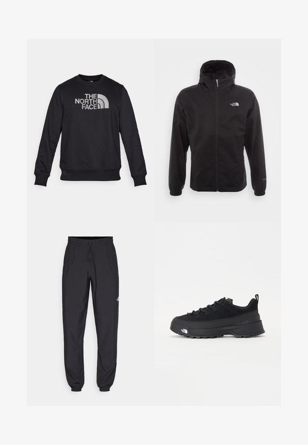 Chaqueta negra impermeable con cremallera completa, capucha ajustable, puños elásticos y un logo en el pecho; ligera, con textura suave.; Sudadera negra de mezcla de algodón con cuello redondo, mangas largas y un prominente logo blanco con acentos curvados en el pecho.; Pantalones deportivos negros hechos de un tejido ligero, con una cinturilla ajustable, bolsillos laterales y puños ajustados en los tobillos.; Zapatilla negra de exterior con parte superior de ante, suela de goma texturizada y un sólido sistema de cordones. Cuenta con un talón reforzado y el logotipo de la marca en el lateral.