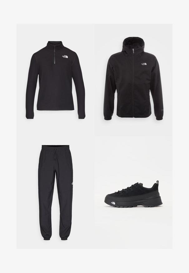 Chaqueta negra impermeable con cremallera completa, capucha ajustable, puños elásticos y un logo en el pecho; ligera, con textura suave.; Sudadera de forro polar negra con media cremallera, cuello alto, mangas largas y un logo blanco en la parte izquierda del pecho. Textura suave.; Pantalones deportivos negros hechos de un tejido ligero, con una cinturilla ajustable, bolsillos laterales y puños ajustados en los tobillos.; Zapatilla negra de exterior con parte superior de ante, suela de goma texturizada y un sólido sistema de cordones. Cuenta con un talón reforzado y el logotipo de la marca en el lateral.