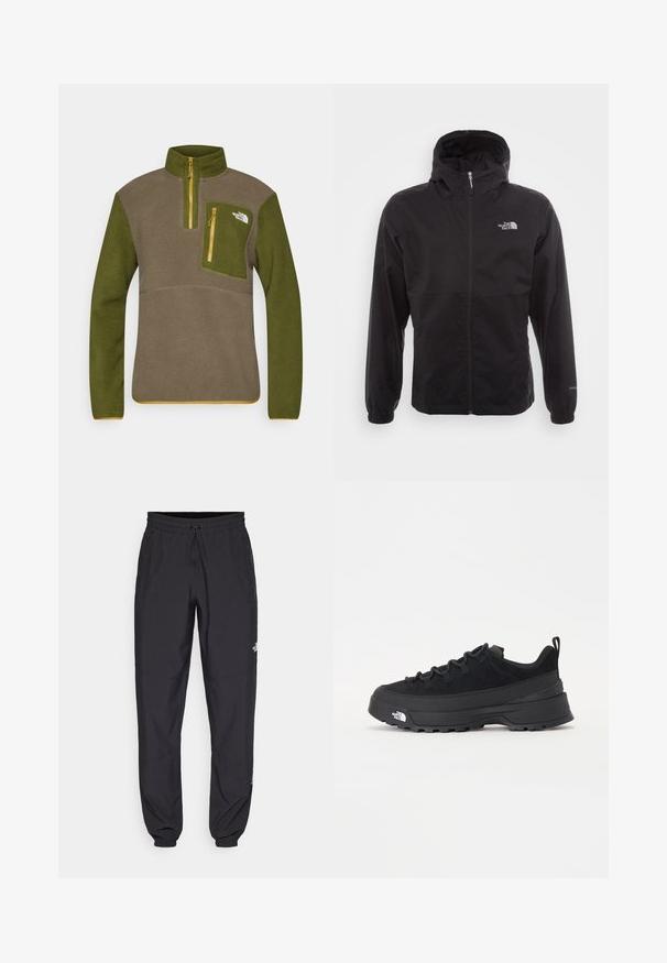 Casaco impermeável preto com fecho completo, capuz ajustável, punhos elásticos e um logótipo no peito; leve, com textura suave.; Pullover de fleece em verde-oliva e castanho, apresentando um fecho de meio zíper, um bolso no peito com um zíper amarelo e um logótipo no lado superior esquerdo.; Calças atléticas pretas feitas de tecido leve, com um cós ajustável por cordão, bolsos laterais e punhos afunilados nos tornozelos.; Sapatilha de exterior preta com parte superior em camurça, sola de borracha texturizada e sistema de atacadores robusto. Apresenta um calcanhar reforçado e o logótipo da marca na lateral.