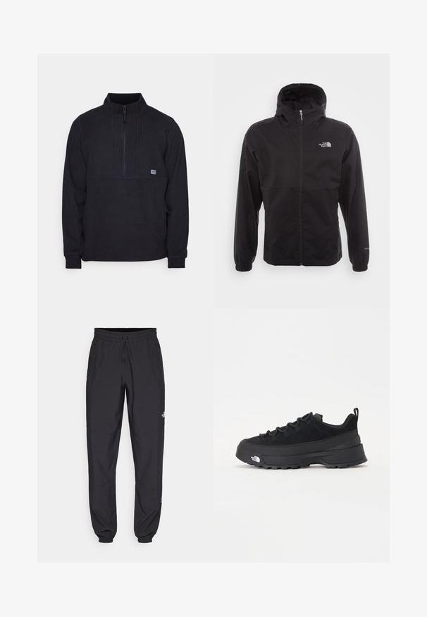 Black waterproof jacket with a full zip, adjustable hood, elastic cuffs, and a logo on the chest; lightweight, smooth texture.; Black fleece pullover with a half-zip collar, featuring a chest seam detail and a small logo on the left side. Soft texture, long sleeves.; Black athletic pants made from lightweight fabric, featuring a drawstring waistband, side pockets, and tapered cuffs at the ankles.; Black outdoor sneaker with a suede upper, textured rubber sole, and sturdy lacing system. Features a reinforced heel and brand logo on the side.