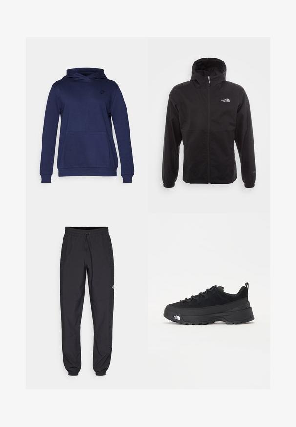 Čierna nepremokavá bunda s plným zipsom, nastaviteľnou kapucňou, elastickými manžetami a logom na hrudi; ľahká, s hladkou textúrou.; Námornícky modrá mikina s kapucňou vyrobená z mäkkej látky, s predným vreckom, rebrovanými manžetami a malým logom na hrudi. Jednoduchý, uvoľnený dizajn.; Čierne športové nohavice vyrobené z ľahkej tkaniny, s elastickým pásom na šnurovanie, bočnými vreckami a zúženými manžetami na členkoch.; Čierne vonkajšie tenisky so zvrškom z semišu, štruktúrovanou gumovou podrážkou a pevným šnurovaním. Obsahujú vystužený opätok a logo značky na boku.
