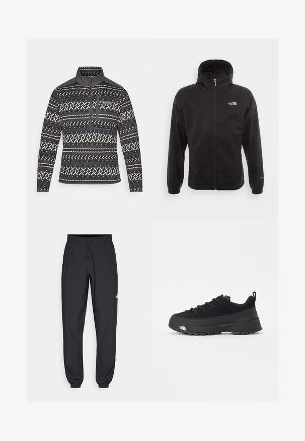 Schwarze wasserdichte Jacke mit durchgehendem Reißverschluss, verstellbarem Kapuzen, elastischen Bündchen und einem Logo auf der Brust; leicht und mit glatter Textur.; Schwarz-weiß gemusterter Fleece-Pullover mit Viertel-Reißverschluss-Kragen, ausgestattet mit einer Brusttasche und strukturierter Oberfläche. Markenlogo auf der Vorderseite.; Schwarze Sporthosen aus leichtem Stoff, mit einem Kordelzugbund, seitlichen Taschen und schmal zulaufenden Bündchen an den Knöcheln.; Schwarzer Outdoorsneaker mit einem Obermaterial aus Wildleder, strukturierter Gummisohle und robustem Schnürsystem. Verfügt über eine verstärkte Ferse und das Markenlogo an der Seite.