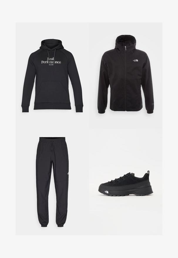 Veste noire imperméable avec une fermeture éclair intégrale, capuche ajustable, poignets élastiques et un logo sur la poitrine ; texture légère et lisse.; Hoodie noir en tissu doux, doté d'une poche kangourou, de poignets côtelés et d'un texte blanc "Real Performance" avec "est. 1986" en dessous.; Pantalon de sport noir en tissu léger, avec une taille à cordon, des poches latérales et des chevilles resserrées.; Baskets de plein air noires avec une tige en daim, semelle en caoutchouc texturé et un système de laçage robuste. Comprend un talon renforcé et un logo de la marque sur le côté.