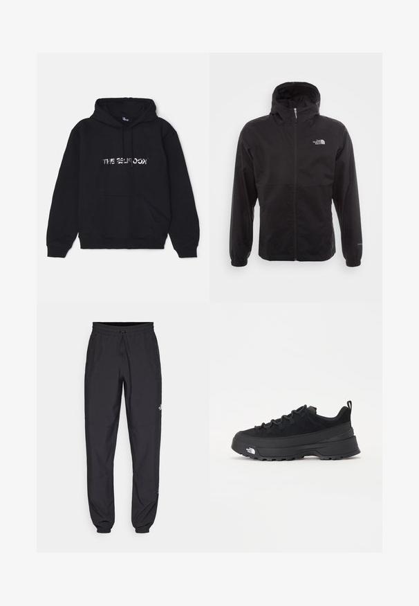 Svart vattentät jacka med full dragkedja, justerbar huva, elastiska ärmslut och en logotyp på bröstet; lätt och slät textur.; Svart hoodie i mjukt, tjockt material. Har en framficka, justerbar huva och en metallisk textlogotyp i mitten.; Svarta träningsbyxor tillverkade av lättviktsmaterial, med dragsko i midjan, sidofickor och avsmalnande muddar vid anklarna.; Svart utomhussko med ovandel i mocka, texturerad gummisula och robust snörningssystem. Har en förstärkt häl och varumärkeslogotyp på sidan.