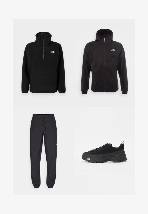 Jachetă neagră, impermeabilă, cu fermoar complet, glugă ajustabilă, manșete elastice și un logo pe piept; ușoară, cu o textură netedă.; Pulover negru din fleece cu guler înalt, fermoar la jumătate în față, buzunare laterale și logo alb "The North Face" pe partea stângă a pieptului.; Pantaloni atletici negri, confecționați dintr-un material ușor, cu un tiv elastic la talie, buzunare laterale și tivuri ajustate la gleznă.; Tenisi de exterior negri cu superior din daim, talpă din cauciuc texturat și sistem de șireturi solid. Prezintă un călcâi întărit și un logo al mărcii pe lateral.