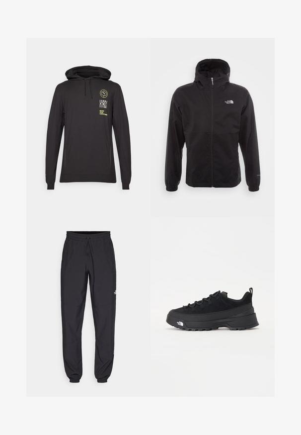 Crna vodootporna jakna s punim patentnim zatvaračem, podesivim kapuljačom, elastičnim manžetama i logom na prsima; lagana, glatke teksture.; Crna dukserica s kapuljačom i dugim rukavima od mekog materijala, sa zelenim logotipom i natpisom otisnutim sprijeda, s podesivim vezicama i bočnim prorezima.; Crne sportske hlače od lagane tkanine, s pojasom na vezanje, bočnim džepovima i suženim manžetama na gležnjevima.; Crne vanjske tenisice s gornjim dijelom od antilopa, teksturiranim gumenim potplatom i čvrstim sustavom vezanja. Imaju ojačan petni deo i logo brenda sa strane.