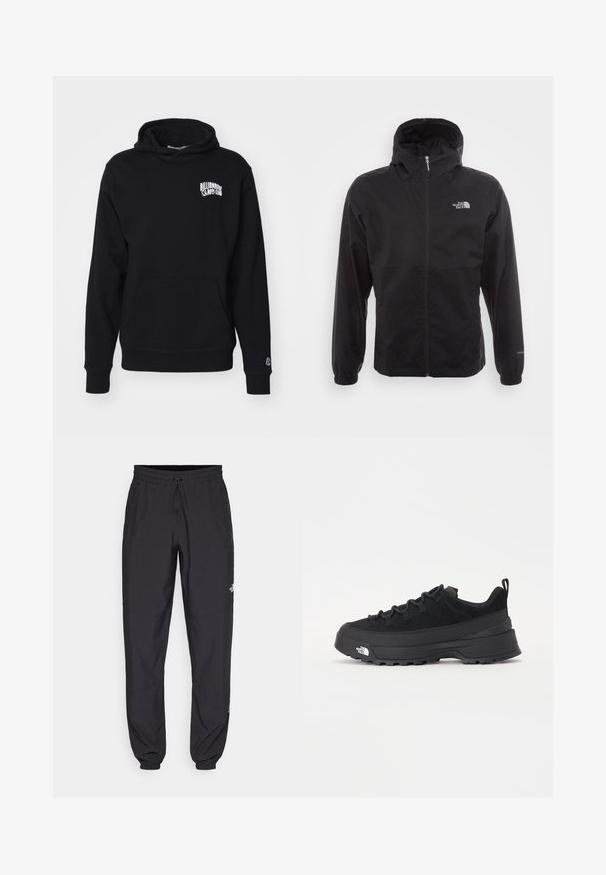 Giacca nera impermeabile con zip completa, cappuccio regolabile, polsini elasticizzati e logo sul petto; leggera, con texture liscia.; Felpa nera con cappuccio realizzata in tessuto morbido, dotata di tasca frontale e testo logo sul petto, con polsini e orlo a costine.; Pantaloni sportivi neri realizzati in tessuto leggero, con vita regolabile con cordino, tasche laterali e orli affusolati alle caviglie.; Sneaker da esterno nera con parte superiore in suede, suola in gomma testurizzata e robusto sistema di allacciatura. Presenta un tallone rinforzato e il logo del marchio sul lato.