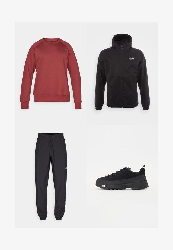 Black waterproof jacket with a full zip, adjustable hood, elastic cuffs, and a logo on the chest; lightweight, smooth texture.; Red sweatshirt with a crew neck, long raglan sleeves, ribbed cuffs and hem, featuring a black logo on the left side. Soft, textured fabric.; Black athletic pants made from lightweight fabric, featuring a drawstring waistband, side pockets, and tapered cuffs at the ankles.; Black outdoor sneaker with a suede upper, textured rubber sole, and sturdy lacing system. Features a reinforced heel and brand logo on the side.