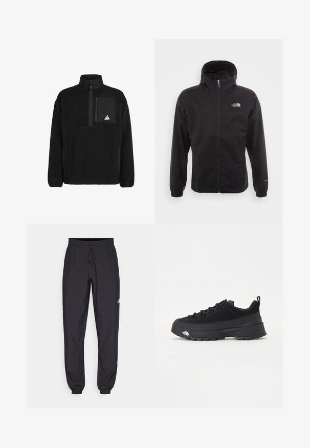 Veste noire imperméable avec une fermeture éclair intégrale, capuche ajustable, poignets élastiques et un logo sur la poitrine ; texture légère et lisse.; Pull noir en polaire avec un col zippé, comportant une poche poitrine en tissu noir et un patch logo triangulaire. Matière douce et texturée.; Pantalon de sport noir en tissu léger, avec une taille à cordon, des poches latérales et des chevilles resserrées.; Baskets de plein air noires avec une tige en daim, semelle en caoutchouc texturé et un système de laçage robuste. Comprend un talon renforcé et un logo de la marque sur le côté.