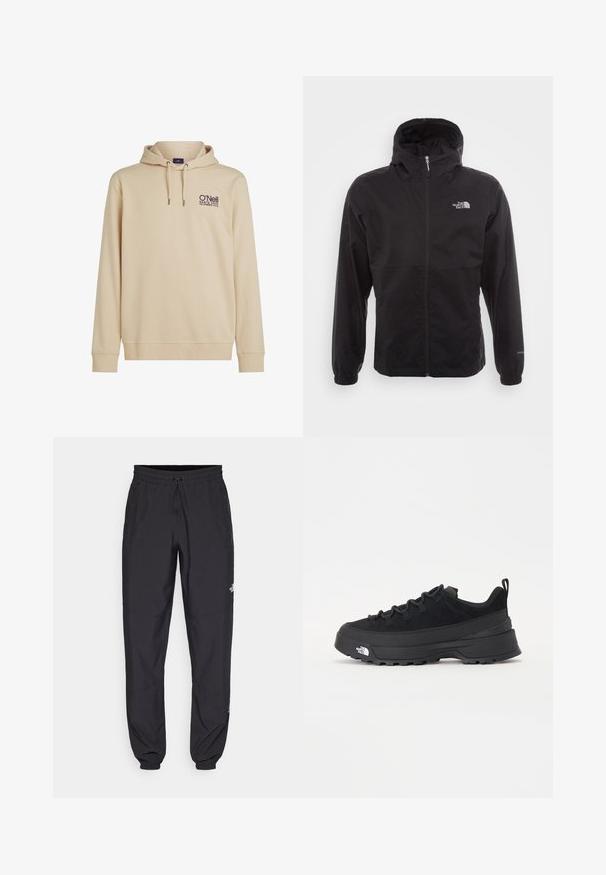 Black waterproof jacket with a full zip, adjustable hood, elastic cuffs, and a logo on the chest; lightweight, smooth texture.; Beige hooded sweatshirt featuring a front pocket, drawstring hood, and embroidered O’Neill logo. Soft fabric with ribbed cuffs and hem.; Black athletic pants made from lightweight fabric, featuring a drawstring waistband, side pockets, and tapered cuffs at the ankles.; Black outdoor sneaker with a suede upper, textured rubber sole, and sturdy lacing system. Features a reinforced heel and brand logo on the side.
