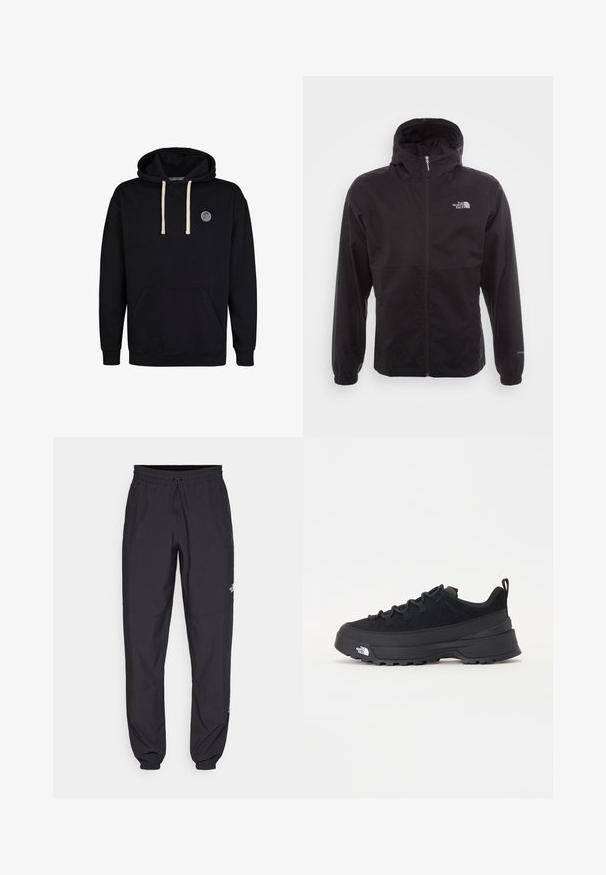 Black waterproof jacket with a full zip, adjustable hood, elastic cuffs, and a logo on the chest; lightweight, smooth texture.; Black hoodie made of cotton, featuring a front kangaroo pocket, drawstrings in off-white, and a round logo patch on the chest.; Black athletic pants made from lightweight fabric, featuring a drawstring waistband, side pockets, and tapered cuffs at the ankles.; Black outdoor sneaker with a suede upper, textured rubber sole, and sturdy lacing system. Features a reinforced heel and brand logo on the side.