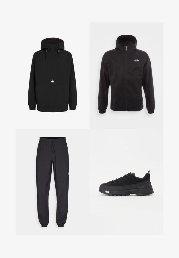 Must have veekindel must jope täispikksu lõpetusega, reguleeritava kapuutsiga, elastsete mansettide ning rinnal oleva logoga; kerge, sile tekstuur.; Must mustaga ja kapuutsiga, elastsete mansettide ja alumise äärega. Esiküljel on tasku ja rinnas kolmnurkne logo.; Mustavad sportlikud püksid, mis on valmistatud kergest kangast, joonlauaga taljest, küljetaskudega ja kitsenevate varrukatega pahkluude juures.; Must musta jalats, millel on sametised ülemused, tekstuuriga kummist põhi ja vastupidav sidumise süsteem. Omab tugevdust kannaosas ja brändi logo küljes.