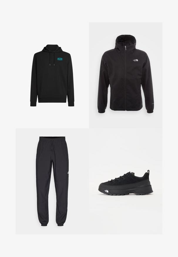 Black waterproof jacket with a full zip, adjustable hood, elastic cuffs, and a logo on the chest; lightweight, smooth texture.; Black hoodie made from cotton blend, featuring a front pocket, drawstring hood, and a turquoise logo patch on the upper left chest.; Black athletic pants made from lightweight fabric, featuring a drawstring waistband, side pockets, and tapered cuffs at the ankles.; Black outdoor sneaker with a suede upper, textured rubber sole, and sturdy lacing system. Features a reinforced heel and brand logo on the side.