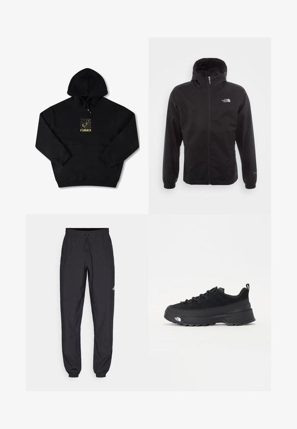 Čierna nepremokavá bunda s plným zipsom, nastaviteľnou kapucňou, elastickými manžetami a logom na hrudi; ľahká, s hladkou textúrou.; Čierna mikina s kapucňou, predným vreckom a žltou grafikou vtáka a slovom "BÝVALÝ" v tučnom písme. Mäkkučký materiál s nastaviteľnou šnúrkou.; Čierne športové nohavice vyrobené z ľahkej tkaniny, s elastickým pásom na šnurovanie, bočnými vreckami a zúženými manžetami na členkoch.; Čierne vonkajšie tenisky so zvrškom z semišu, štruktúrovanou gumovou podrážkou a pevným šnurovaním. Obsahujú vystužený opätok a logo značky na boku.