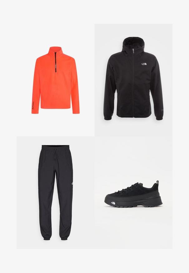 Black waterproof jacket with a full zip, adjustable hood, elastic cuffs, and a logo on the chest; lightweight, smooth texture.; Orange pullover with a zipper neck, long sleeves, and 'Polartec' branding on the sleeve. Smooth texture and vibrant color for visibility.; Black athletic pants made from lightweight fabric, featuring a drawstring waistband, side pockets, and tapered cuffs at the ankles.; Black outdoor sneaker with a suede upper, textured rubber sole, and sturdy lacing system. Features a reinforced heel and brand logo on the side.