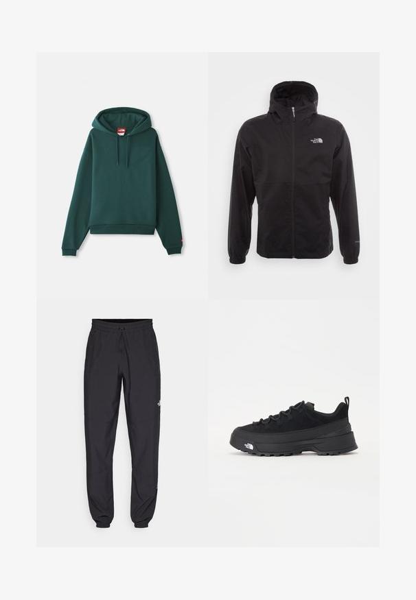 Casaco impermeável preto com fecho completo, capuz ajustável, punhos elásticos e um logótipo no peito; leve, com textura suave.; Sweatshirt verde com capuz feito de tecido macio, apresentando um bolso tipo canguru, punhos canelados e uma etiqueta de logotipo na gola.; Calças atléticas pretas feitas de tecido leve, com um cós ajustável por cordão, bolsos laterais e punhos afunilados nos tornozelos.; Sapatilha de exterior preta com parte superior em camurça, sola de borracha texturizada e sistema de atacadores robusto. Apresenta um calcanhar reforçado e o logótipo da marca na lateral.