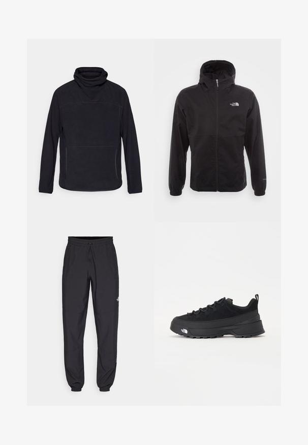 Črna vodotesna jakna s polnim zadrgo, nastavljivo kapuco, elastičnimi manšeti in logotipom na prsih; lahka, gladka tekstura.; Črn pulover z visokim ovratnikom, dolgimi rokavi in sprednjimi žepi z zadrgo. Narejen iz mehkega materiala z diskretno šivano podrobnostmi.; Črne atletske hlače iz lahkega materiala, ki imajo elastični pas z vezalko, stranske žepe in zožene manšete na gležnjih.; Črne zunanje teniske s zgornjim delom iz usnja z nubukom, teksturiranim gumijastim podplatom in trdnim vezalnim sistemom. Imajo ojačan petni del in logotip blagovne znamke na strani.