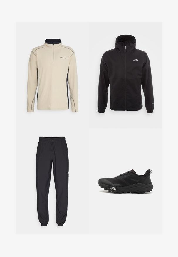 Black waterproof jacket with a full zip, adjustable hood, elastic cuffs, and a logo on the chest; lightweight, smooth texture.; Beige fleece pullover with a black side panel, quarter-zip front, and contrasting stitching. Features a small logo on the chest.; Black athletic pants made from lightweight fabric, featuring a drawstring waistband, side pockets, and tapered cuffs at the ankles.; Black trail running shoe with a textured upper, rubber sole, and reinforced toe cap. Features a padded collar and pull tab for easy wear.
