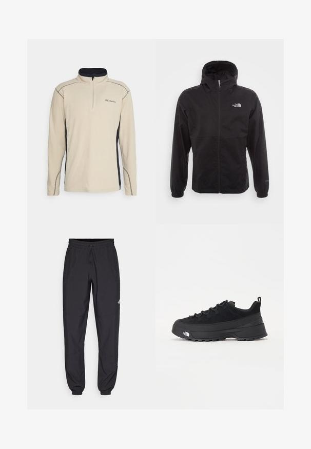 Black waterproof jacket with a full zip, adjustable hood, elastic cuffs, and a logo on the chest; lightweight, smooth texture.; Beige fleece pullover with a black side panel, quarter-zip front, and contrasting stitching. Features a small logo on the chest.; Black athletic pants made from lightweight fabric, featuring a drawstring waistband, side pockets, and tapered cuffs at the ankles.; Black outdoor sneaker with a suede upper, textured rubber sole, and sturdy lacing system. Features a reinforced heel and brand logo on the side.