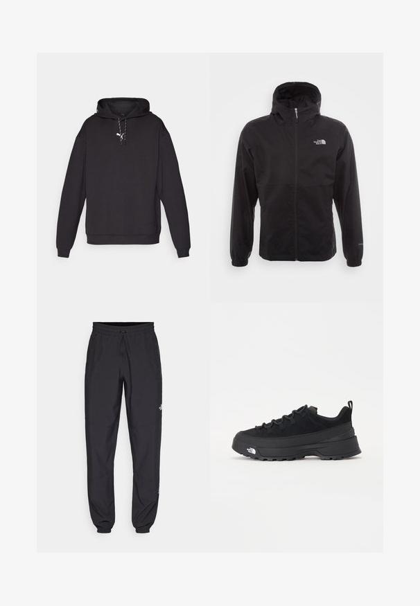 Svart vattentät jacka med full dragkedja, justerbar huva, elastiska ärmslut och en logotyp på bröstet; lätt och slät textur.; Svart hoodies med lång ärm, tillverkad av ett slätt material. Har en liten vit logga på bröstet och dragsko i huvan.; Svarta träningsbyxor tillverkade av lättviktsmaterial, med dragsko i midjan, sidofickor och avsmalnande muddar vid anklarna.; Svart utomhussko med ovandel i mocka, texturerad gummisula och robust snörningssystem. Har en förstärkt häl och varumärkeslogotyp på sidan.