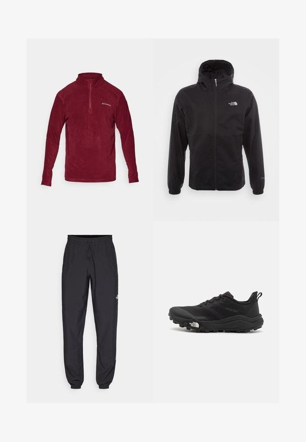 Giacca nera impermeabile con zip completa, cappuccio regolabile, polsini elasticizzati e logo sul petto; leggera, con texture liscia.; Pullover in pile color mogano con colletto alto, half zipper, maniche lunghe e logo sul petto sinistro. Tessuto morbido, design casual.; Pantaloni sportivi neri realizzati in tessuto leggero, con vita regolabile con cordino, tasche laterali e orli affusolati alle caviglie.; Scarpa da trail running nera con tomaia texture, suola in gomma e punta rinforzata. Presenta un collare imbottito e un tassello per un indossamento facile.