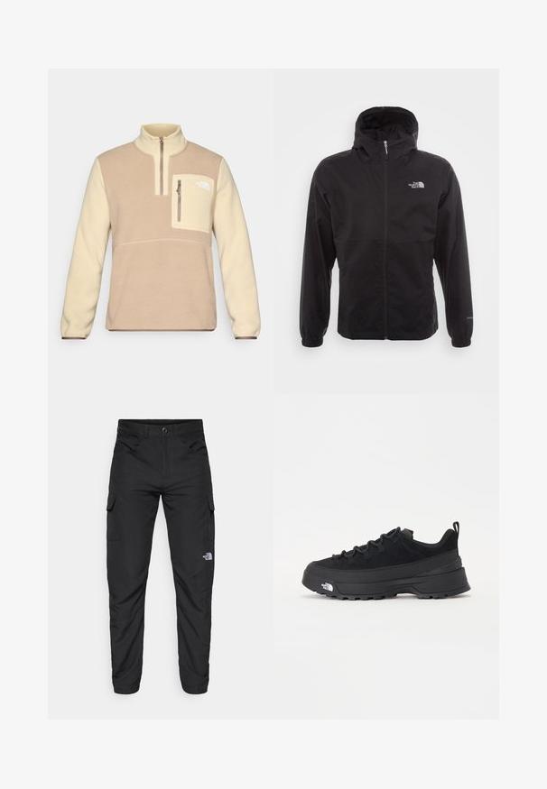 Schwarze wasserdichte Jacke mit durchgehendem Reißverschluss, verstellbarem Kapuzen, elastischen Bündchen und einem Logo auf der Brust; leicht und mit glatter Textur.; Fleece-Pullover in Braun und Creme mit halbem Reißverschluss-Kragen, einer vorderen Brusttasche mit Reißverschluss und Logo-Akzent auf der Tasche. Weicher Stoff.; The North Face HORIZON PANT - Outdoor-Hose - black; Schwarzer Outdoorsneaker mit einem Obermaterial aus Wildleder, strukturierter Gummisohle und robustem Schnürsystem. Verfügt über eine verstärkte Ferse und das Markenlogo an der Seite.