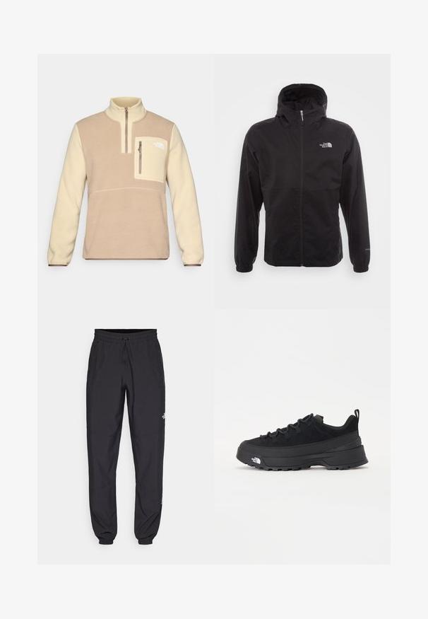 Juodas vandeniui atsparus švarkas su pilnu užtrauktuku, reguliuojama kapuce, elastingais rankogaliais ir logotipu ant krūtinės; lengvas, lygaus paviršiaus.; Kavos ir grietinėlės spalvų fliso megztinis su pusiau užtrauktuku, priekinė krūtinės kišenė su užtrauktuku ir logotipo akcentas kišenėje. Minkštas audinys.; Juodos sportinės kelnės, pagamintos iš lengvos medžiagos, su raišteliu liemens srityje, šoniniais kišenėmis ir siaurėjantys apykaklės prie kulkšnies.; Juodas lauko sportinis batelis su zomšiniu viršumi, tekstūruota guma padais ir tvirtas raištelių sistema. Yra sustiprinta kulno dalis ir prekės ženklo logotipas šone.