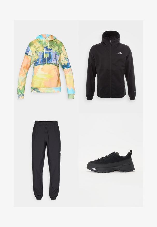 Melna ūdensnecaurlaidīga jaka ar pilnu rāvējslēdzēju, regulējamu kapuci, elastīgām piedurknēm un logo uz krūtīm; viegla, gluda tekstūra.; Hooded jaka no mīkstas auduma, ar daudzkrāsainu akvareļu rakstu, priekšējo kangaru kabatu un šnīci kapuci.; Melni sporta bikses, kas izgatavotas no viegla auduma, ar savelcamu jostu, sānu kabatām un sašaurinātiem apakšējiem galiem pie potītēm.; Melni āra sporta apavi ar zamšādas virsu, teksturētu gumijas zoli un izturīgu auklu sistēmu. Iezīmēts ar pastiprinātu papēdi un zīmola logo sānu daļā.