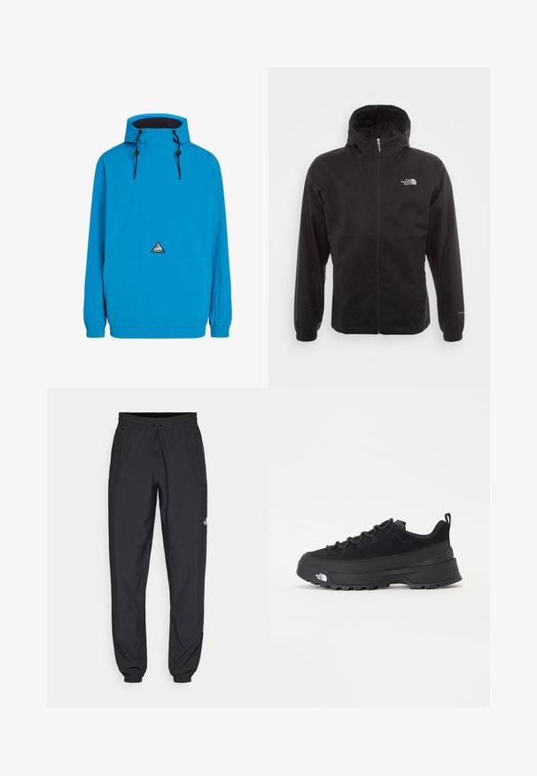 Jachetă neagră, impermeabilă, cu fermoar complet, glugă ajustabilă, manșete elastice și un logo pe piept; ușoară, cu o textură netedă.; Jachetă impermeabilă albastră cu glugă, manșete elastice și o buzunar frontal. Prezintă un logo triunghiular pe piept. Textură netedă.; Pantaloni atletici negri, confecționați dintr-un material ușor, cu un tiv elastic la talie, buzunare laterale și tivuri ajustate la gleznă.; Tenisi de exterior negri cu superior din daim, talpă din cauciuc texturat și sistem de șireturi solid. Prezintă un călcâi întărit și un logo al mărcii pe lateral.