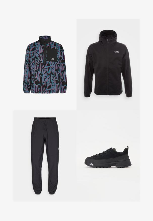 Schwarze wasserdichte Jacke mit durchgehendem Reißverschluss, verstellbarem Kapuzen, elastischen Bündchen und einem Logo auf der Brust; leicht und mit glatter Textur.; Fleece-Pullover in Schwarz mit wirbelnden Mustern in Türkis und Pink. Mit einer zipfbaren Brusttasche und hohem Kragen.; Schwarze Sporthosen aus leichtem Stoff, mit einem Kordelzugbund, seitlichen Taschen und schmal zulaufenden Bündchen an den Knöcheln.; Schwarzer Outdoorsneaker mit einem Obermaterial aus Wildleder, strukturierter Gummisohle und robustem Schnürsystem. Verfügt über eine verstärkte Ferse und das Markenlogo an der Seite.