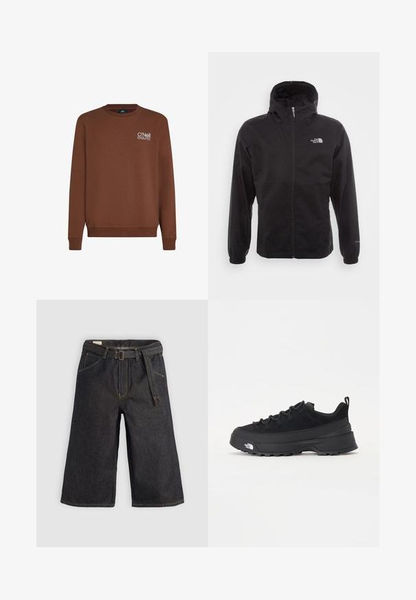 Veste noire imperméable avec une fermeture éclair intégrale, capuche ajustable, poignets élastiques et un logo sur la poitrine ; texture légère et lisse.; Sweatshirt marron à manches longues et col rond côtelé. Présente un logo brodé blanc sur la poitrine gauche. Tissu doux avec une texture lisse.; Culottes en denim foncé avec une coupe large, des passants de ceinture et une ceinture en tissu. Couture contrastante et poches de chaque côté.; Baskets de plein air noires avec une tige en daim, semelle en caoutchouc texturé et un système de laçage robuste. Comprend un talon renforcé et un logo de la marque sur le côté.