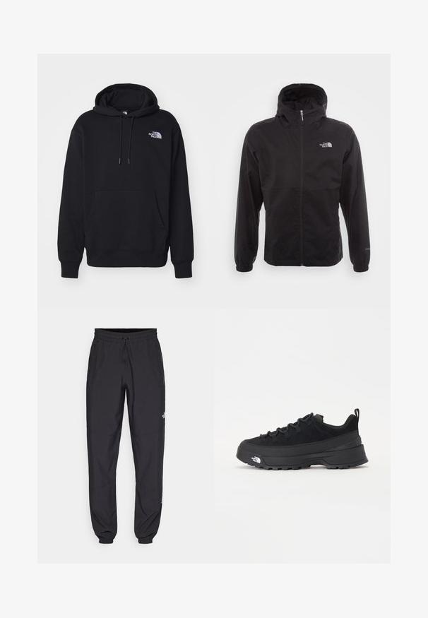 Giacca nera impermeabile con zip completa, cappuccio regolabile, polsini elasticizzati e logo sul petto; leggera, con texture liscia.; Felpa nera con cappuccio in tessuto morbido, dotata di tasca frontale, cordoncino per il cappuccio e piccolo logo bianco sulla parte superiore sinistra del petto.; Pantaloni sportivi neri realizzati in tessuto leggero, con vita regolabile con cordino, tasche laterali e orli affusolati alle caviglie.; Sneaker da esterno nera con parte superiore in suede, suola in gomma testurizzata e robusto sistema di allacciatura. Presenta un tallone rinforzato e il logo del marchio sul lato.